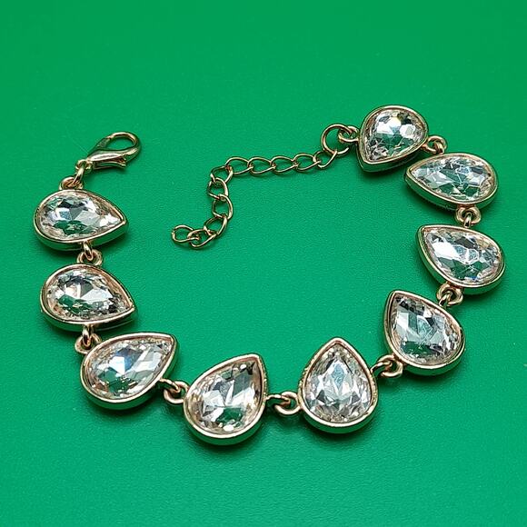 Clear Teardrop Rhinestone Bracelet, Gold Tone, 8 1/2 In - Picture 2 of 8